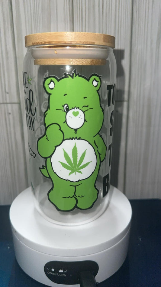 Stoned care bear glass tumbler cup