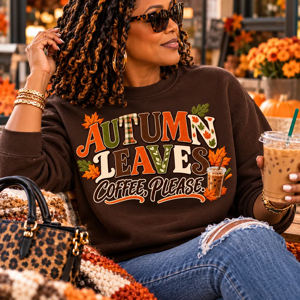 Autumn Leaves, Coffee Please design on a brown sweatshirt